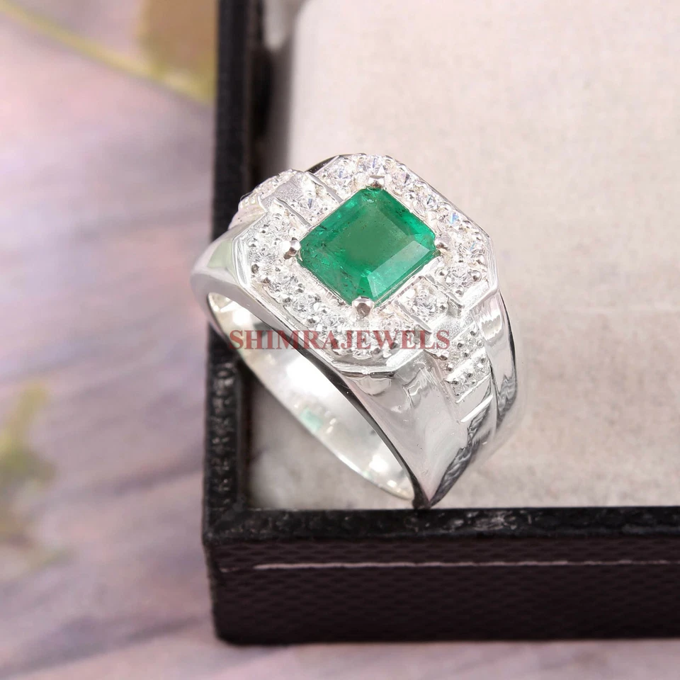 Labor Erstellt Smaragd Edelstein Mit 925 Sterlingsilber Ring für Herren #238 - Bild 2 von 3