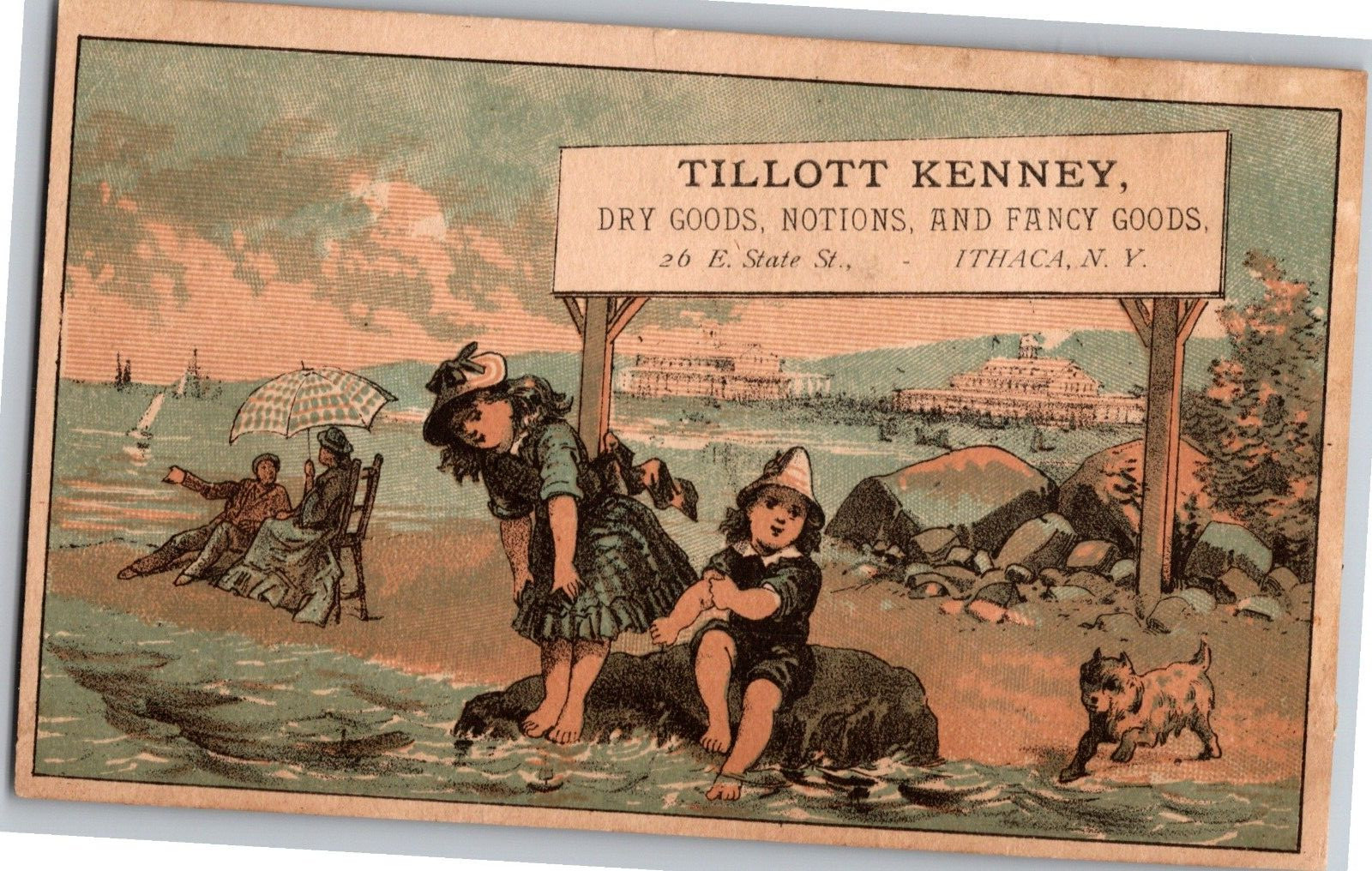 Tillott Kenney Dry Goods Ithaca, NY Victorian Trade Card Kids at the Beach
