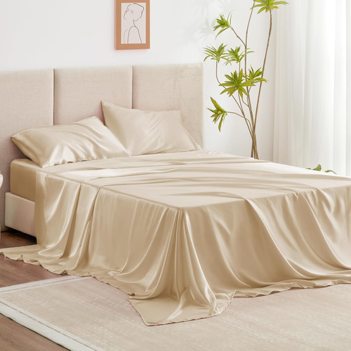 Satin Queen Sheets Set - 4 Piece Beige Silky Satin Bed Sheets Queen Set with Dee