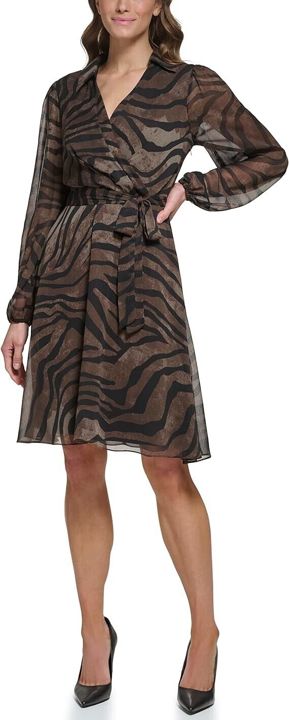 DKNY Brown V Neck Long Puff Sleeve Women's Midi Dress/ Size XS