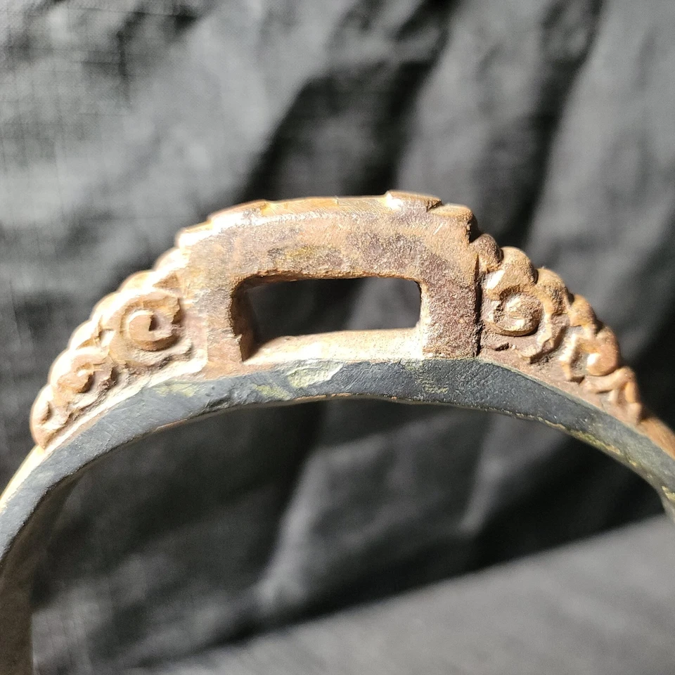 Pair of Antique Cast Iron Chinese Horse Stirrups with Etched Designs Characters - Image 3 of 4