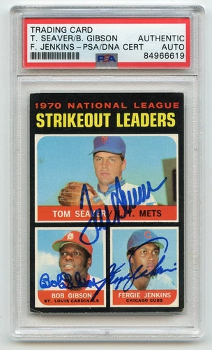 Signed 1971 Topps #72 NL KO Ldrs By All 3 Seaver Gibson Jenkins PSA/DNA Encapsul