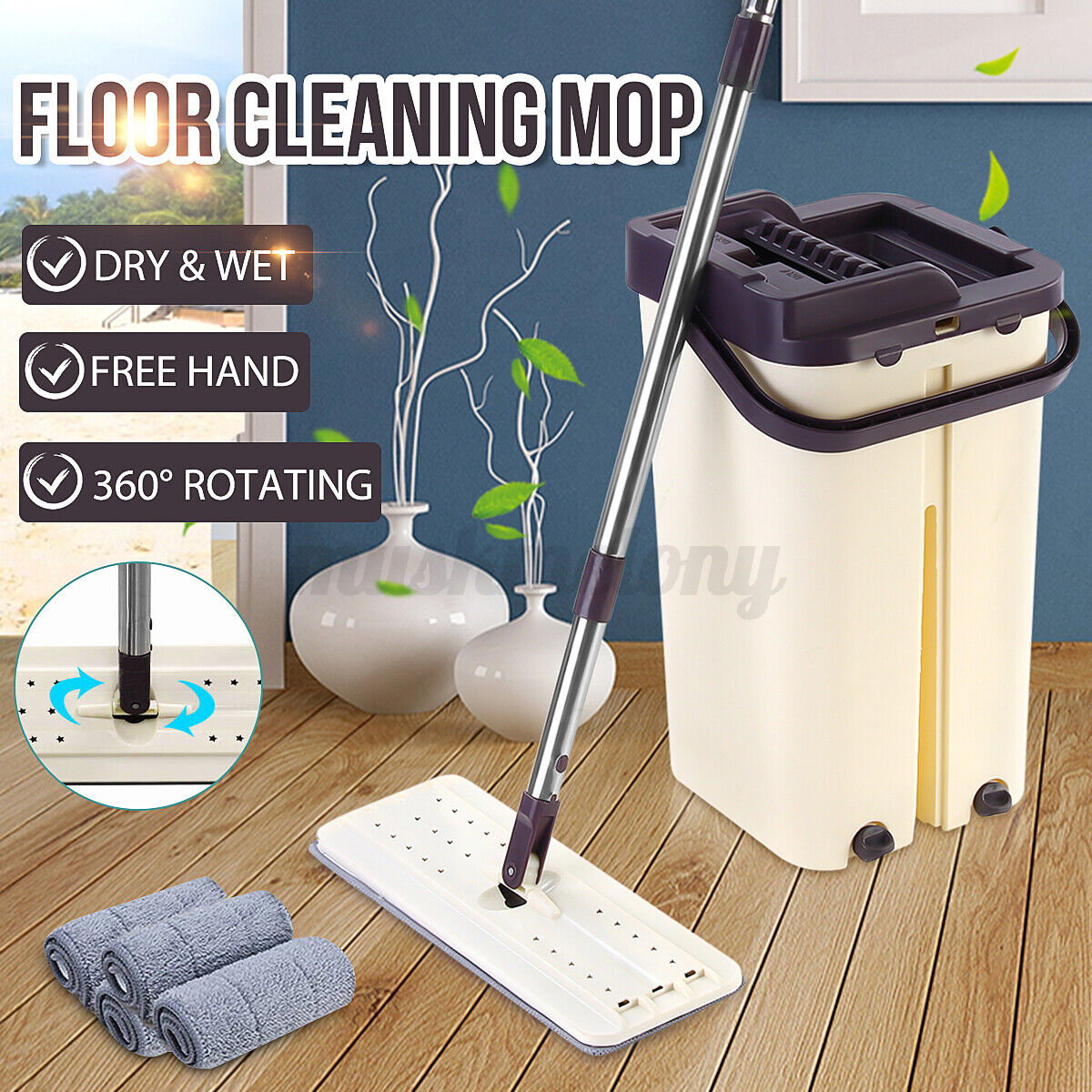 Image 1 - US Dry Wet Flat Mop + 4 Mop Heads 360° Auto Spin Dust Bucket Floor Self Clean PP