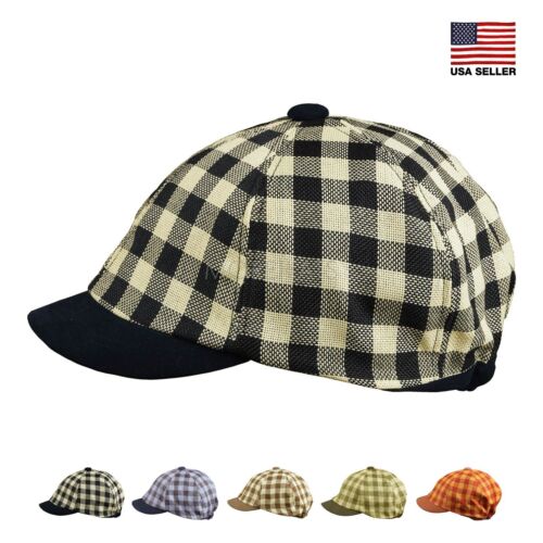 100% Linen Checkered Plaid Summer Baseball Cap Golf Hat Casual Men's Women's - Afbeelding 1 van 8