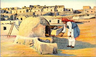 Pueblo Woman Oven Baking Bread Albuquerque New Mexico Postcard B26