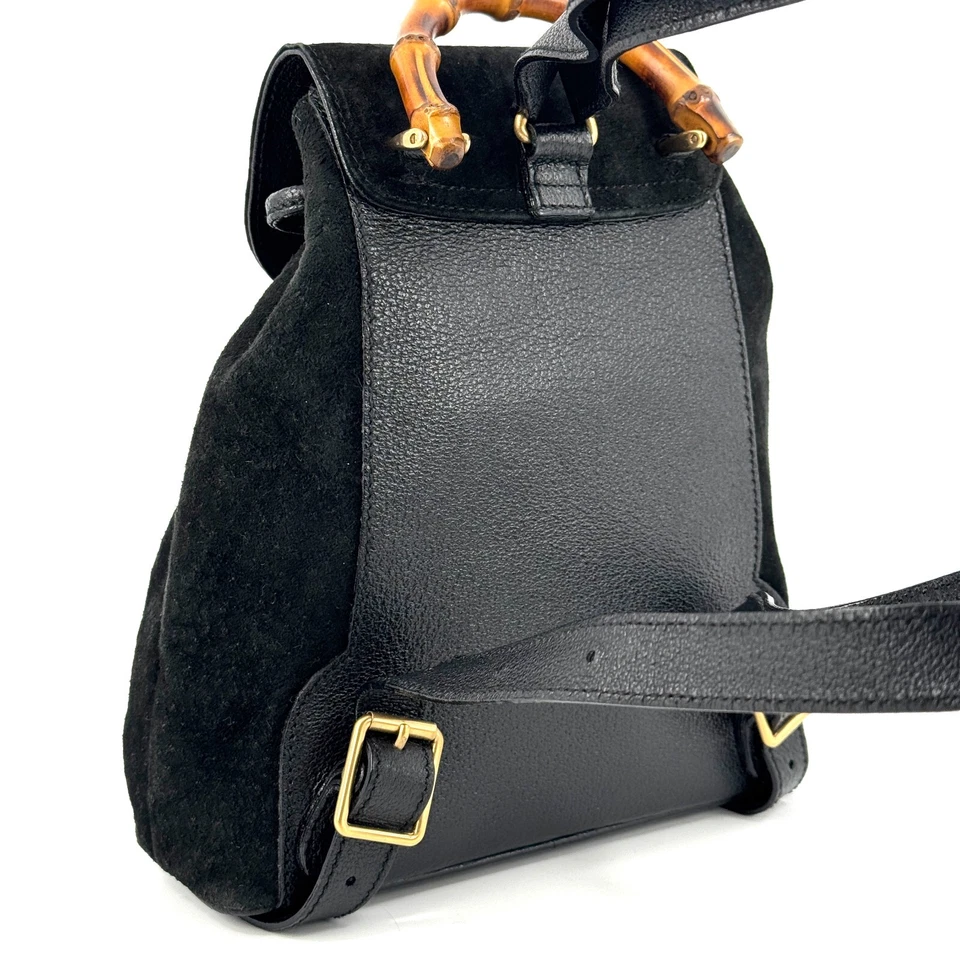 Vintage GUCCI Bamboo Backpack Drawstring suede Black Authentic - Image 4 of 4