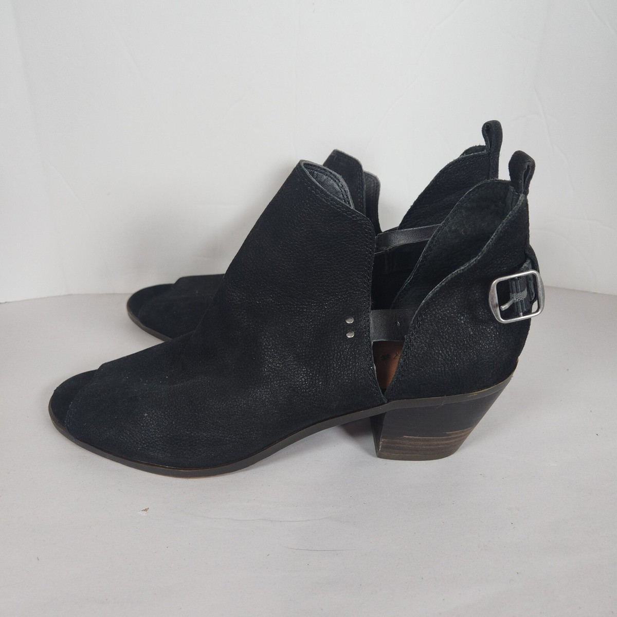 Lucky Brand Peep Toe Booties Womens Size Buckle Suede Open