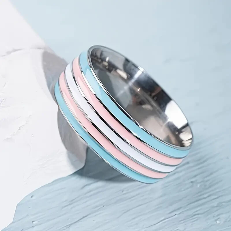 Band Silver-Tone Stainless Steel Pride Transgender Ring Size