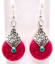 HOT PINK TIBETAN STYLE LARGE SILVER PLATED HOOK EARRINGS 5.5CM DROP E562