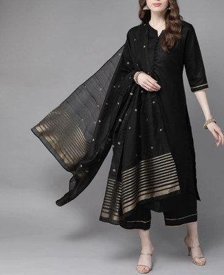 Bollywood asiatisch Damen SCHWARZ Baumwolle selbstknöpfend Detail tailliert Anzug Palazzo Set S