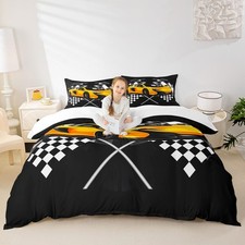 Yellow Racing Car Bedding Set Twin Size,Racing Flag Black White Plaids Duvet ...