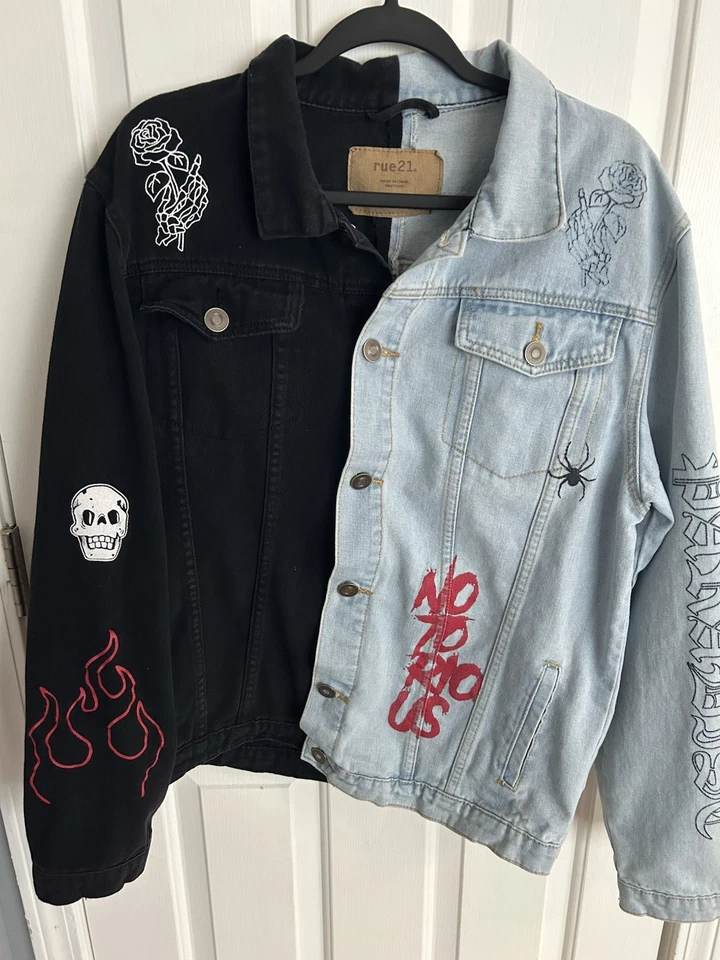 Chaqueta de mezclilla Rue21 Designer Color Block Doble Lado Calavera Graffiti 2XL Foto 3 de 4