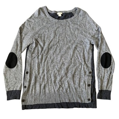 J. Crew Wool Blend Sweater Sz M Gray Black Elbow Patches Two Tone Side Button