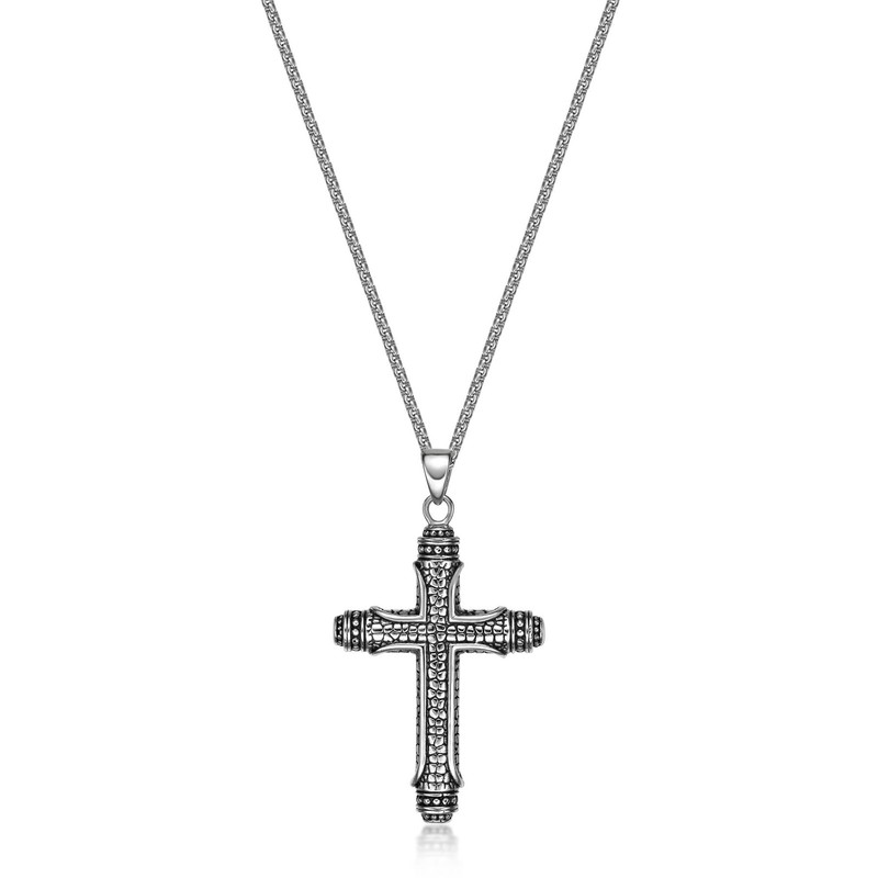 Stainless Steel Antique Reptile Skin Pattern Cross Pendant - 24 Inch Box Chain