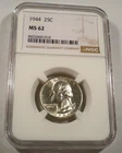1944 NGC MS62 WASHINGTON QUARTER GREAT LUSTER SILVER 25c MS 62