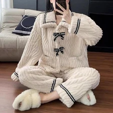 Winter Womens Pajamas Set Warm Flannel Thick Homewear Sleepwear Soft Padded Suit