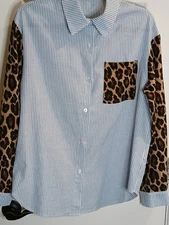 Shein Long Sleeve S/M Collared Shirt Blue And White Stripe Withanimal Print...