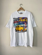 Vintage 90’s Hot Rod Retro Cars Ted’s Drive In Graphic Art White Tee Shirt - XXL