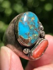 VINTAGE NAVAJO BISBEE TURQUOISE & CORAL STERLING SILVER RING SIZE 9