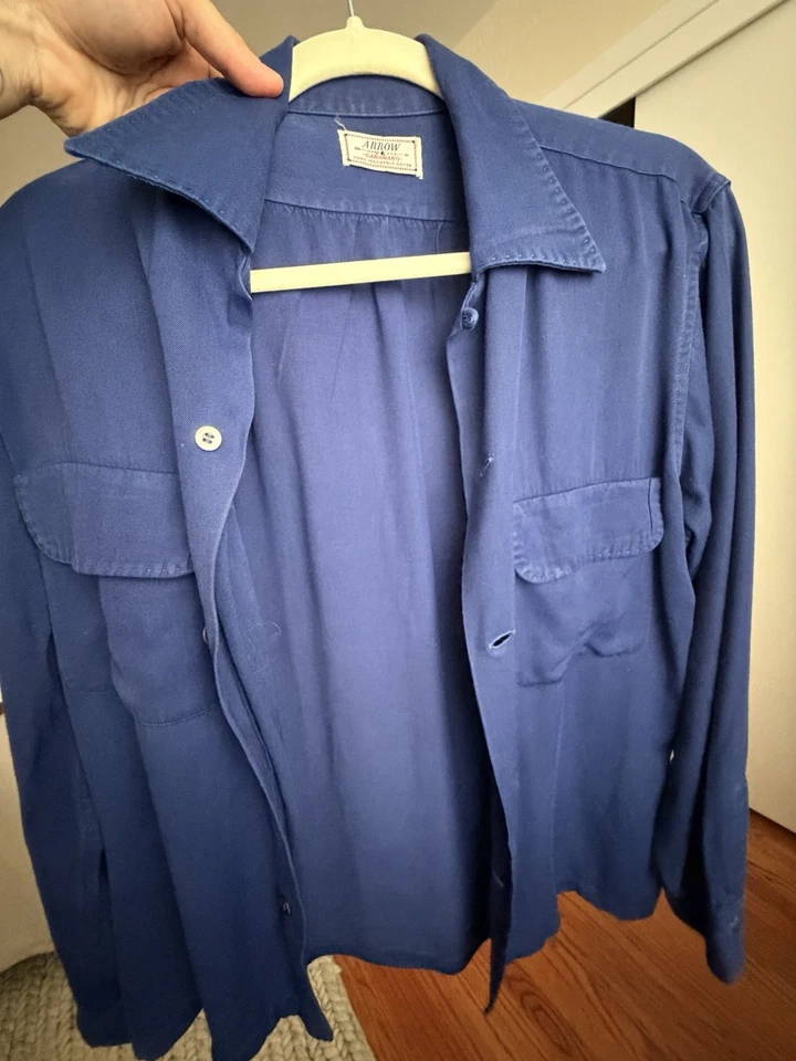 Camisa De Colección Años 50 60 Gabardina Rayón Manga Larga Botón Pequeña Mediana RARA Foto 3 de 4