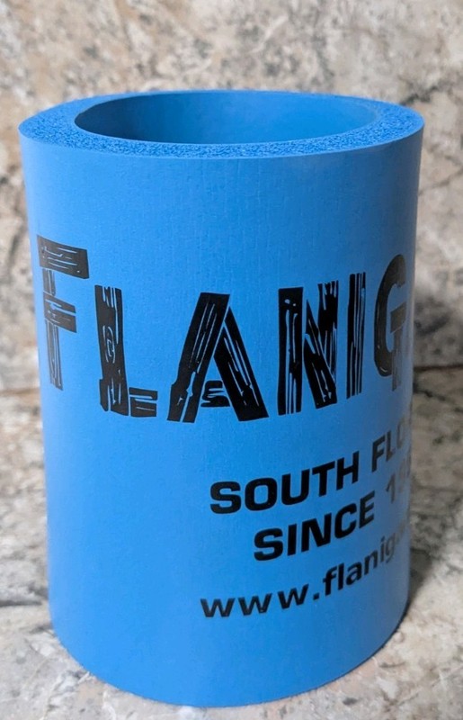 Flanigan's Restaurant Koozie Light Blue Electric Blue beer can drink Cooler