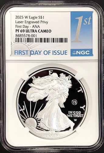2025 W Proof Silver Eagle, Laser Privy, First Day-ANA, NGC PF 69 Ultra Cameo!