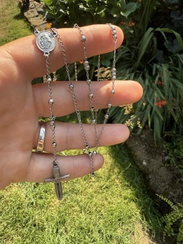 Catholic Rosary Silver Tone Unique Crucifix Miraculous Medal Sword Cross Long