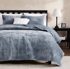 Velvet King Size Quilt Set - Blue Striped Pick Stitch Soft Lightweight Bedspr...