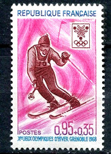 TIMBRE FRANCE 1968 N° 1547** JEUX OLYMPIQUES D'HIVER A GRENOBLE-SKI SLALOM (pl)