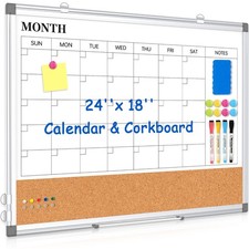 Monthly Calendar Whiteboard Dry Erase Cork Board Combo for Wall, 24" x 18" Do...