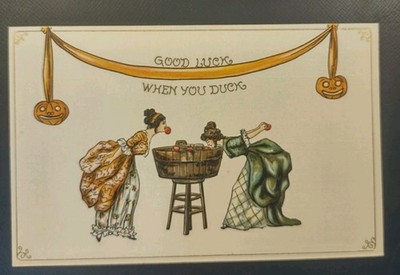 Unused L & E Good Luck Antique Halloween Postcard Bobbing For Apples