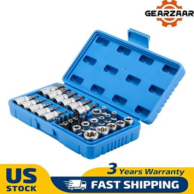 NEW 34pcs Torx Star Sockets & Bit Set Male Female E-torx Security Bits 3/8 34pcs