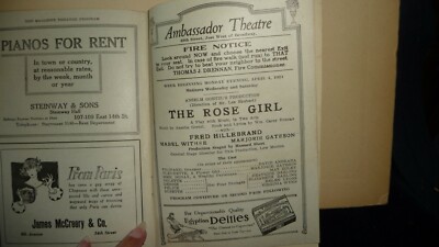 #422/1 antique program 4/4/1921 AMBASSADOR Theatre 49th ST NYC w Adv MURAL Cig