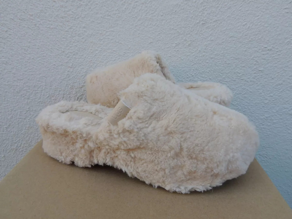 UGG NATURAL FUZZ SUGAR CLOG FAUX FUR FLUFF SLIPPERS WOMEN US 7