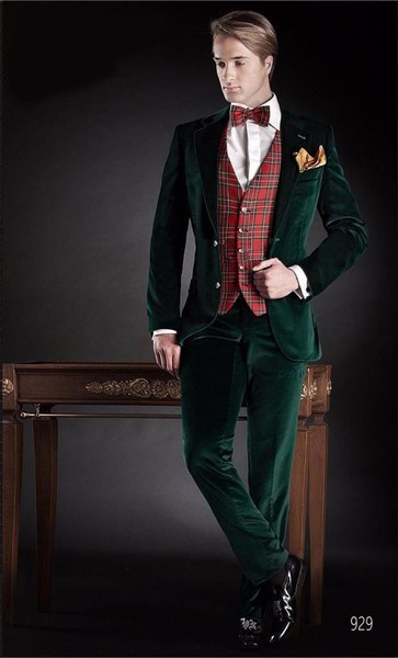 Herren Designer Hochzeit BräUtigam Smoking Freizeit GrüN Samt Mantel Suit-image