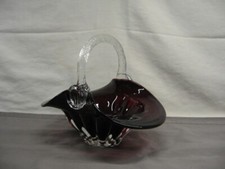 Ruby Red Glass Basket w/Clear Glass Handle 6" Height VGC