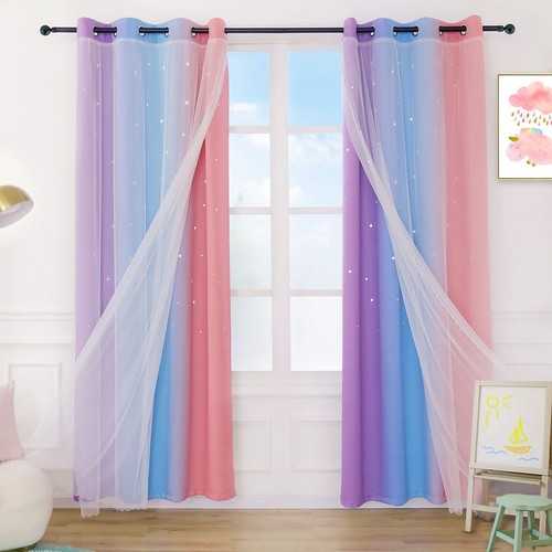 Anjee Curtains for Girls 2 in 1 Double Layer Cutout Star Light Blocking Ombre... - 第 1/8 張圖片