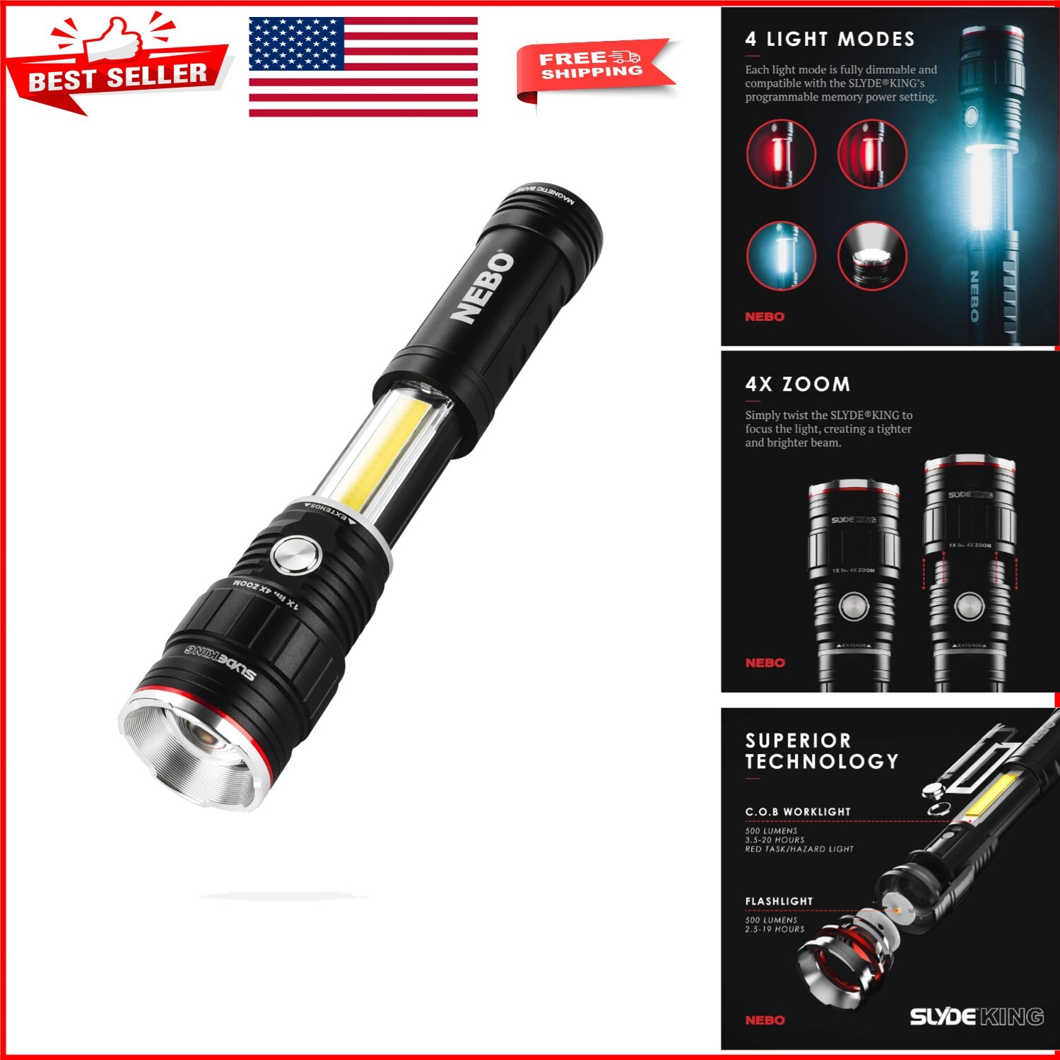 Tactical LED Flashlight with COB Work Light and Magnetic Base