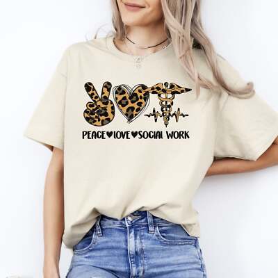Peace love social work T-Shirt Leopard skin Social Worker Unisex Tee Sand White 