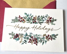 Christmas Card Papyrus Embossed Holly Berries Pine Greenery Happy Holidays