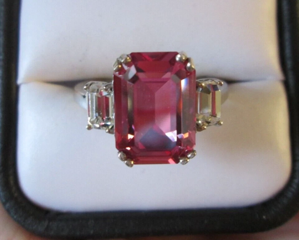 Anillo de platino sobre plata de ley con cristal de Swarovski rosa rosa (talla 10) Foto 2 de 4