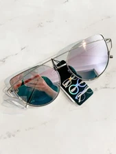 Double Bar Cat Eye Flat Mirror Lens Sunglasses NEW Gold Frame Pink Lens