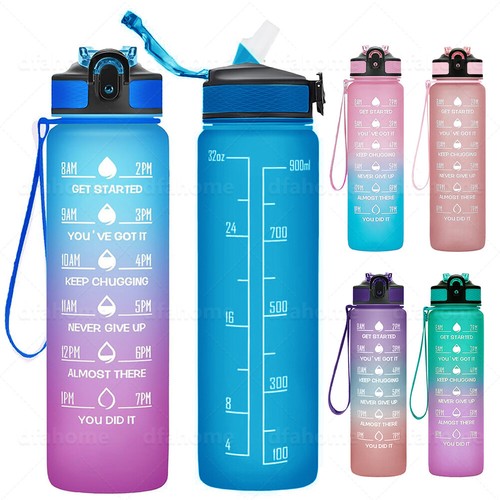 32 Unzen Motivierende Trinkflasche mit Zeitmarkierung und Strohhalm Weite Öffnung Auslaufsicher - Bild 1 von 63