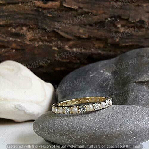 1 CT Simulated Round Pearl Engagement Eternity Band Ring 925 Silver Gold Plated - Picture 5 of 10