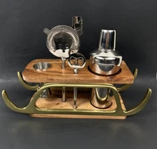 Christmas Sleigh 6 Piece Bar Cocktail Tool Set Holiday Wood/Brass/Chrome