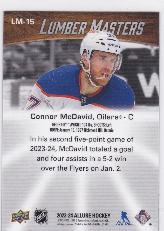 CONNOR McDAVID 2023 Upper Deck Alure NHL LUMBER MASTERS #LM-15 Edmonton Oilers! - Image 2 of 2