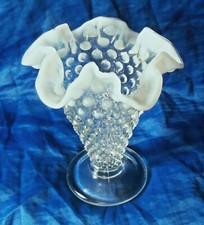 Fenton Clear to White Opalescent Art Glass Vase Hobnail Ruffled Rim 5 3/4"