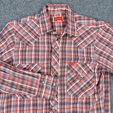 Ely Plains Mens Vintage Western Pearl Snap Shirt Red Blue Plaid Long Sleeve L