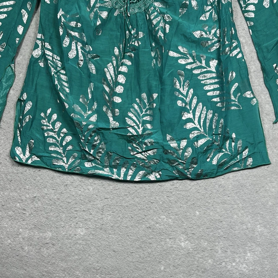 Túnica de playa Hale Bob Top para mujer pequeña mezcla de seda verde azulado hoja dorada metálica cabaña Foto 4 de 4