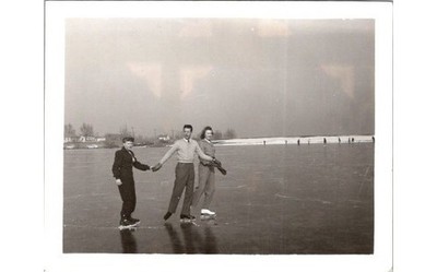 1940s Family Ice Skating Photograph Vast Frozen Lake Postwar Leisure & Fashion
